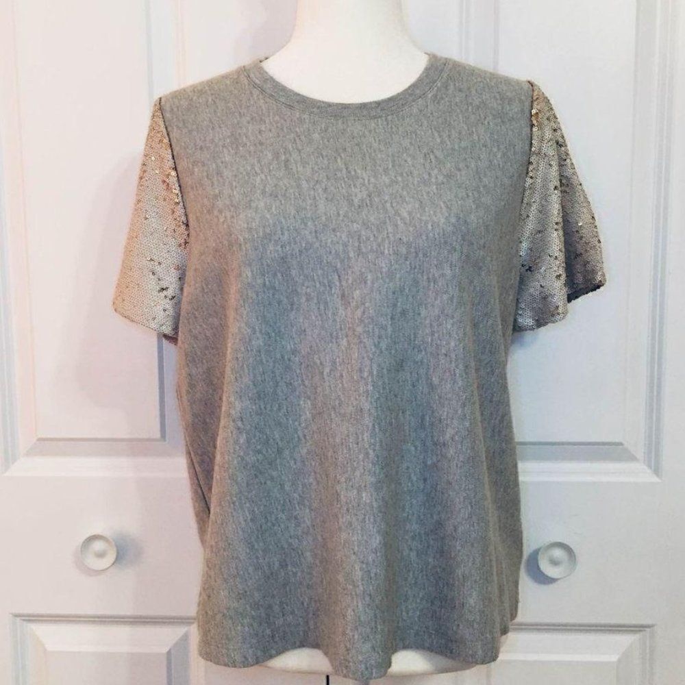 A New Day Grey Sequin Sleeve Short Sleeve Crew Neck Cotton T Shirt Medium